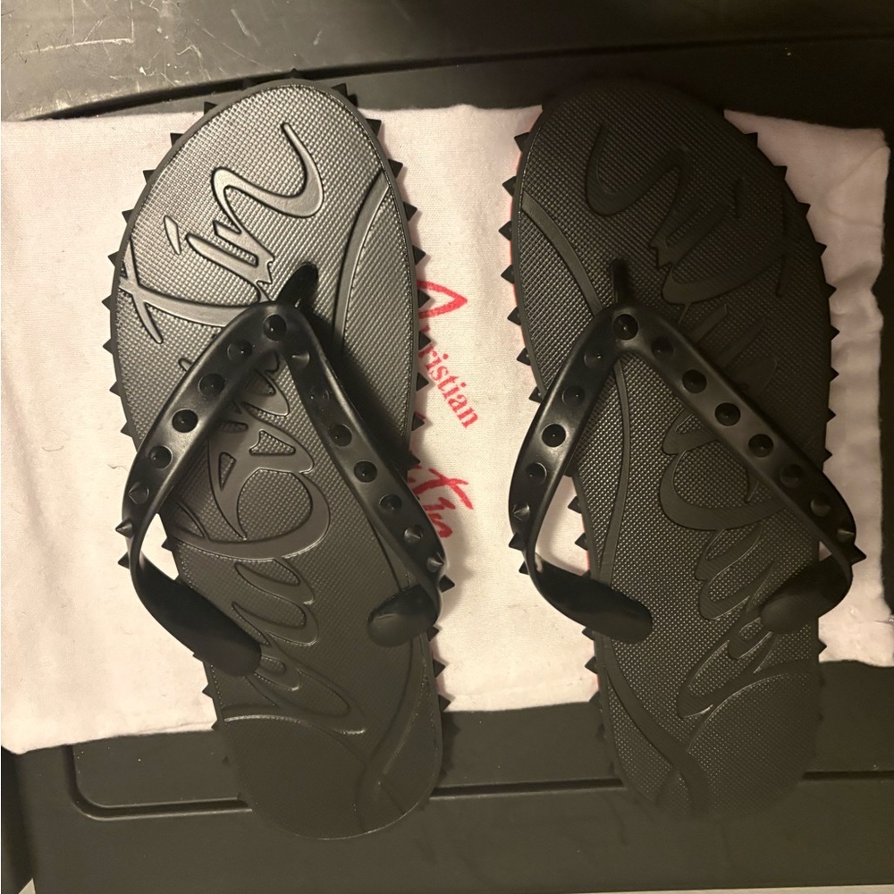 Christian Louboutin Black Studded Rubber Flip Flops
